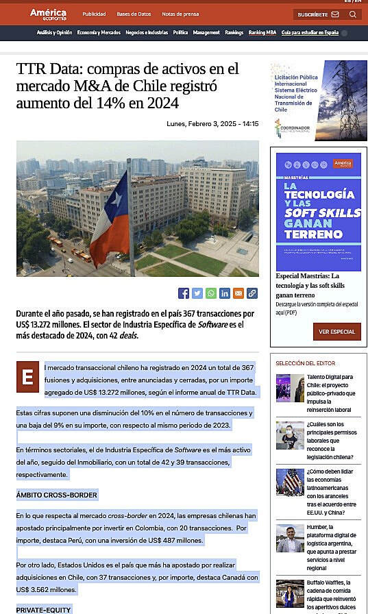 TTR Data: compras de activos en el mercado M&A de Chile registr aumento del 14% en 2024